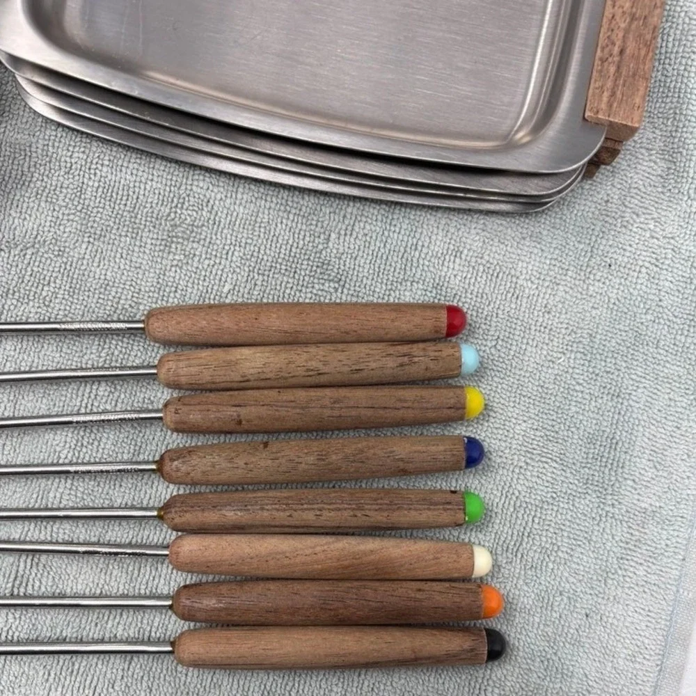 Vintage MCM Stainless Steel Fondue Set Japan Wood Handles Pot 8 Plates 8 Forks‎